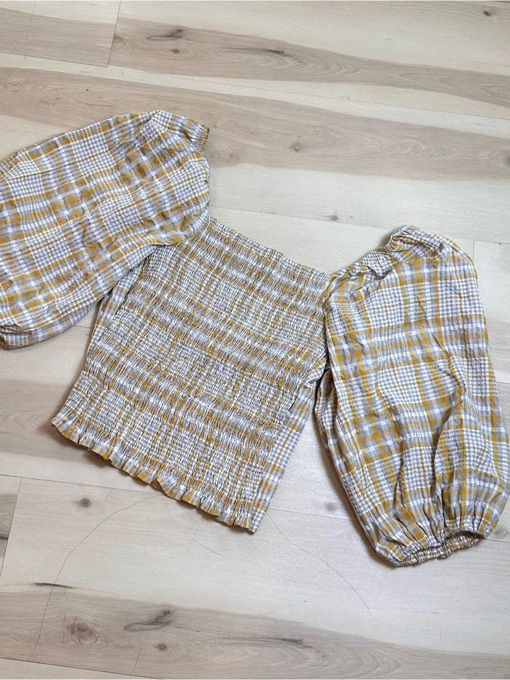 Anthropologie Maeve Plaid Square-Neck Blouse Sz M puff sleeves Casual Travel